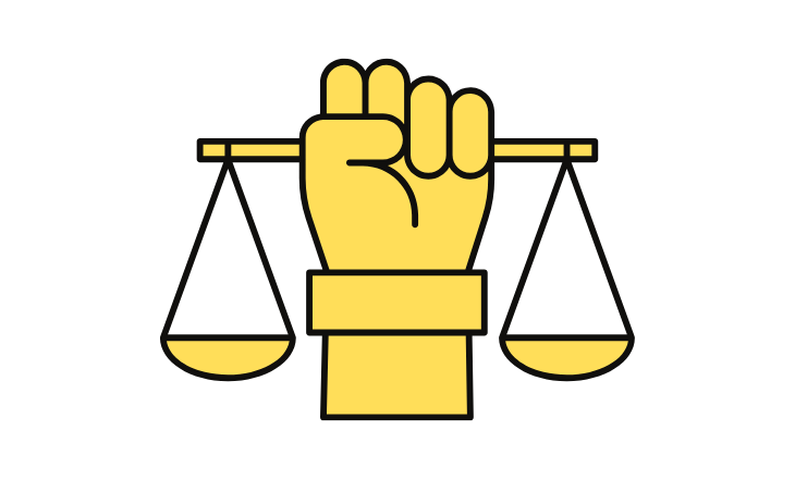 Piktogram przedstawiający żółtą dłoń trzymającą wagę.