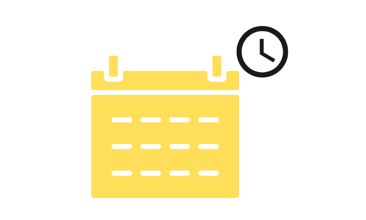 Żółta ikonka symbolizująca kalendarz, powyżej po prawej stronie czarna ikonka symbolizująca zegar.